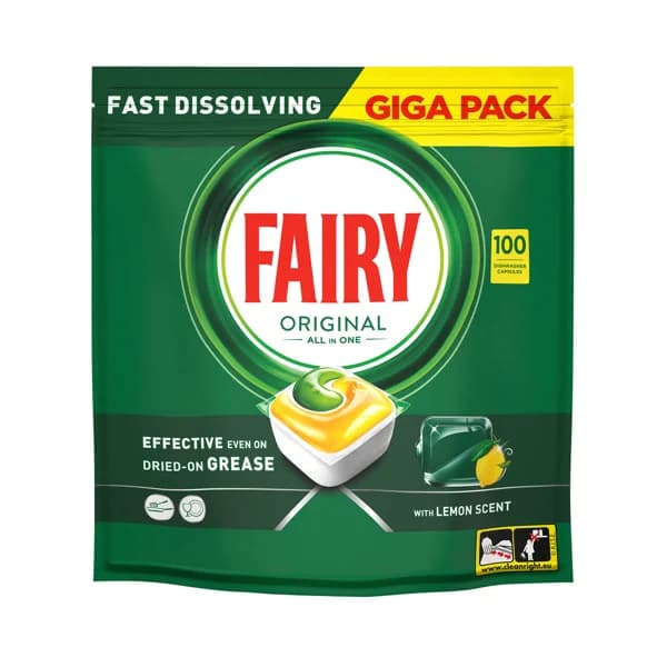 FAIRY Original Detergente todo en uno para lavavajillas en cápsulas, con aroma a limón 100 uds. - 1.35 kg - Imagen del producto en Findit