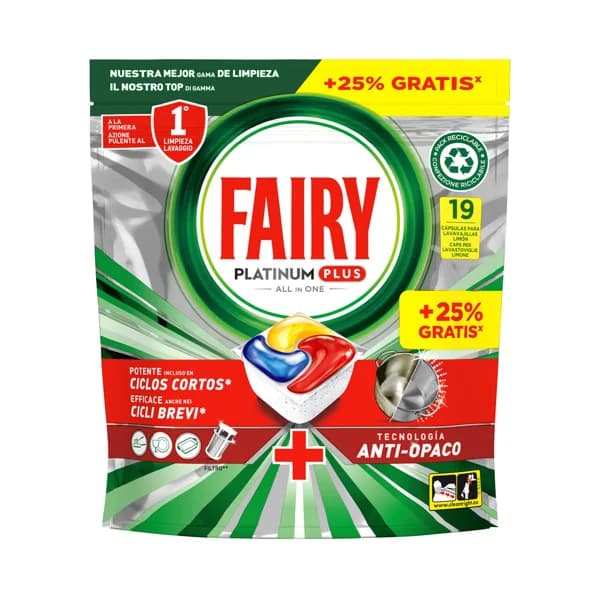 FAIRY Platinum plus Detergente todo en uno para lavavajillas en cápsulas, tecnología anti-opaco 19 uds. - 0.3 kg - Imagen del producto en Findit