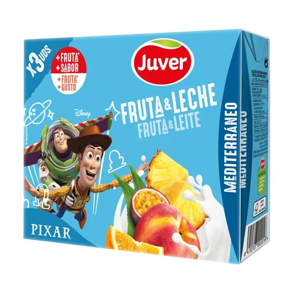 JUVER Leche con zumo de frutas mediterráneas (naranja, melocotón, piña...)  3 x 200 ml. - 0.6 l - Imagen del producto en Findit