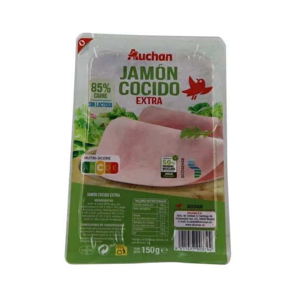 AUCHAN Jamón cocido de categoria extra, cortado en lonchas 150 g. Producto Alcampo - 0.15 kg - Imagen del producto en Findit