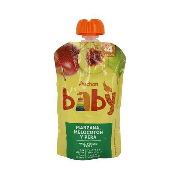 ALCAMPO BABY Bolsita de fruta (manzana, melocotón y pera), a partir de 4 meses ALCAMPO BABY 120 g. - 0.12 kg - Imagen del producto en Findit