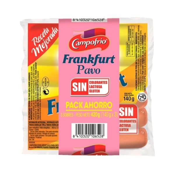 CAMPOFRÍO Salchichas cocidas y ahumadas de pavo tipo Frankfurt CAMPOFRÍO 3 x 140 g. - 0.42 kg - Imagen del producto en Findit