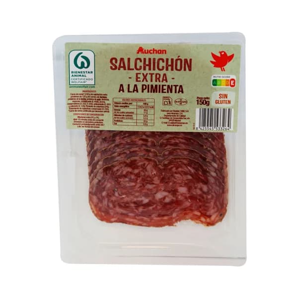 AUCHAN Salchichón a la pimienta de categoria extra, sin gluten y cortado en lonchas 150 g. Producto Alcampo - 0.15 kg - Imagen del producto en Findit