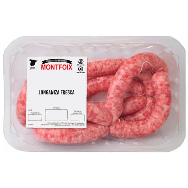Longaniza fresca blanca de cerdo, tipo salchichas, elaboradas sin gluen ni lactosa MONTFOIX - 1 ud - Imagen del producto en Findit