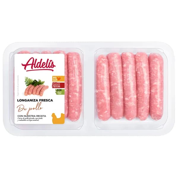 Bandeja con 10 longanizas frescas de carne de pollo embutidas en tripa natural ALDELÍS - 0.39 kg - Imagen del producto en Findit