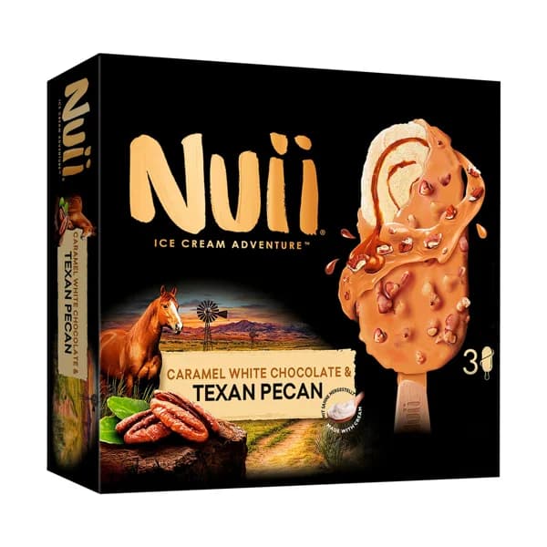 NUII Bombón helado de vainilla con salsa de caramelo, recubierto de chocolate blanco y tozos de nueces pecanas 3 x 90 ml. - 0.27 l - Imagen del producto en Findit