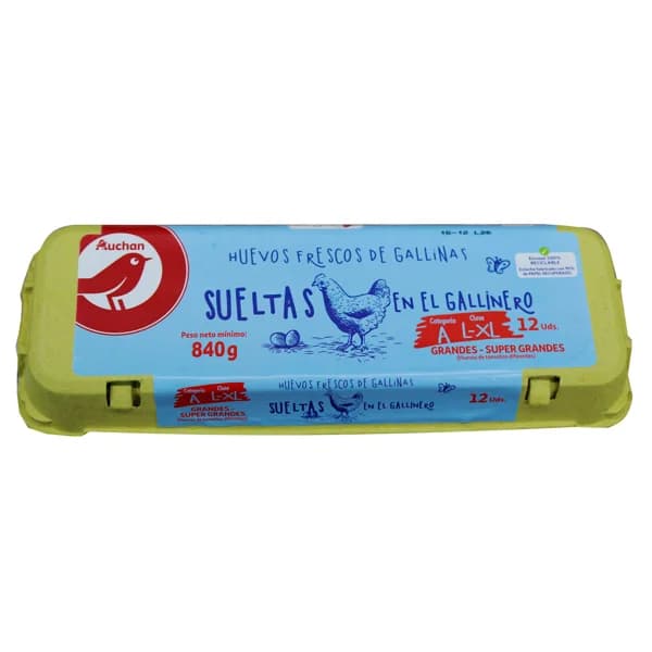 AUCHAN Huevos de gallinas sueltas en el gallinero clase L - XL y cat. A 12 uds. Producto Alcampo - 1 ud - Imagen del producto en Findit