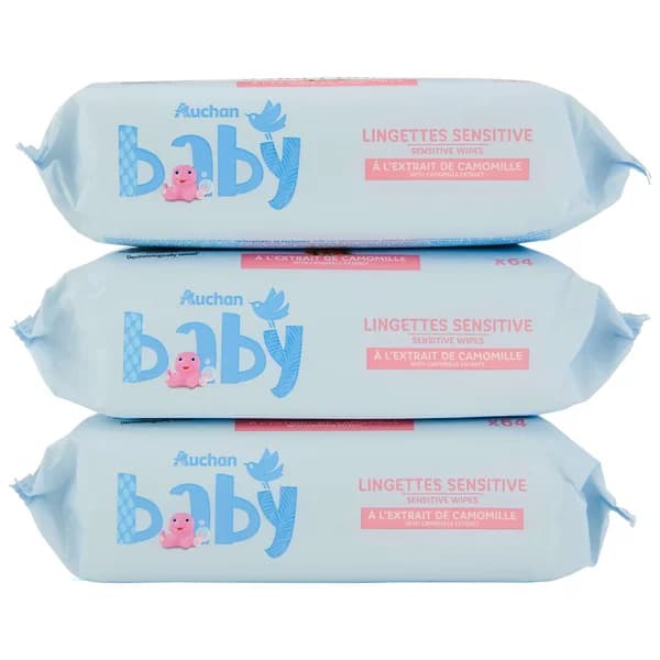PRODUCTO ALCAMPO Baby Toallitas húmedas para bebé con camomila, para pieles sensibles 3 x 64 uds. - 1 ud - Imagen del producto en Findit