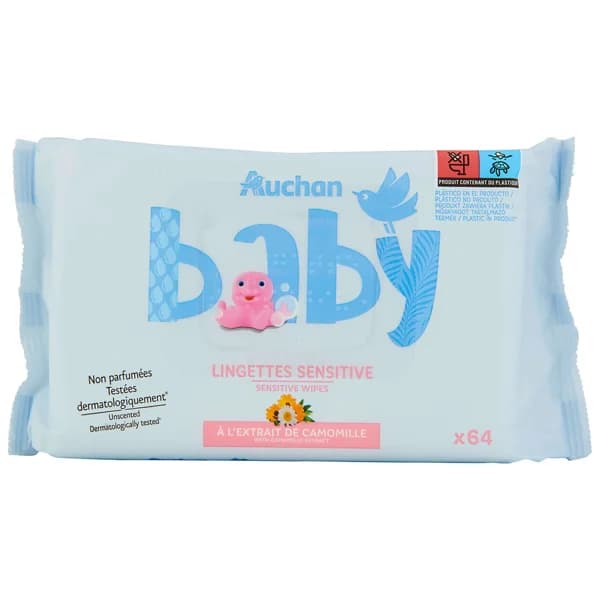 PRODUCTO ALCAMPO Baby Toallitas húmedas para bebé con camomila, para pieles sensibles 64 uds. - 1 ud - Imagen del producto en Findit