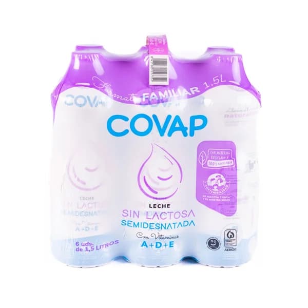 COVAP Leche de vaca semidesnatada y sin lactosa, de origen 100% español 6 x 1.5 l. - 9 l - Imagen del producto en Findit