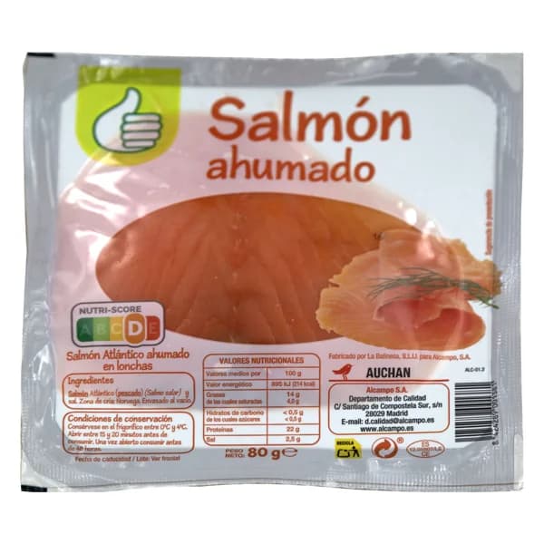PRODUCTO ECONÓMICO ALCAMPO Salmón Atlántico ahumado cortado en lonchas 80 g. - 0.08 kg - Imagen del producto en Findit