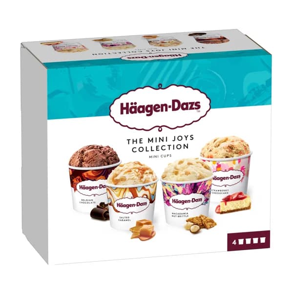 HÄAGEN-DAZS Mini tarrinas de helado de chocolate belga, caramelo salado, nueces de Macadamia y cheesecake con fresa 4 x 95 ml. - 0.38 l - Imagen del producto en Findit