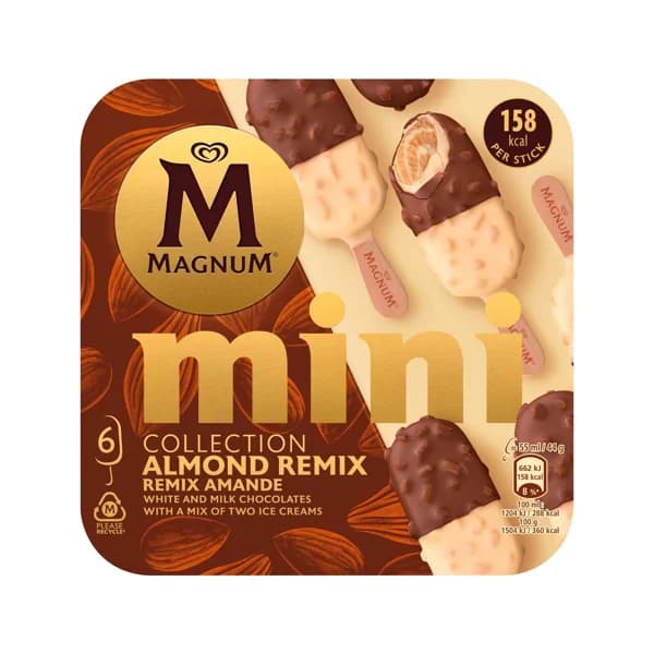 MAGNUM Mini bombón almendrado con helado sabor almendra, recubierto de chocolate con leche y chocolate blanco 6 x 55 ml. - 0.33 l - Imagen del producto en Findit