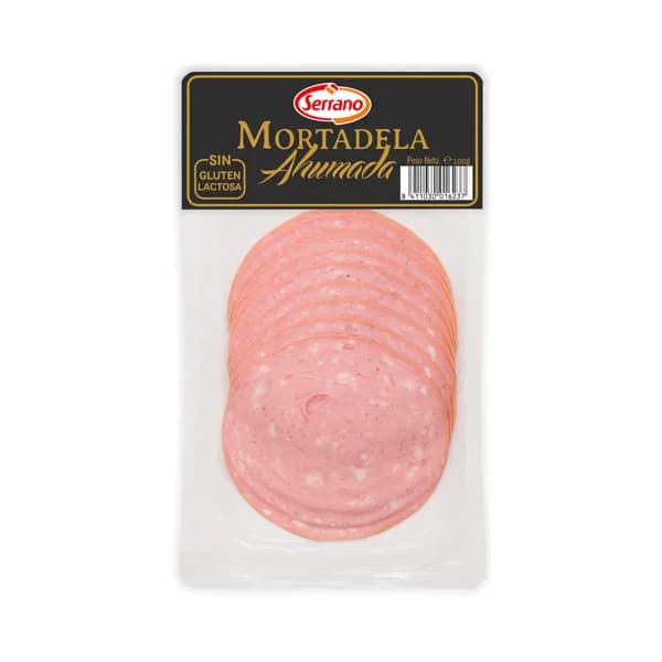 SERRANO Mortadela ahumda, sin gluten y sin lactosa, cortada en lonchas SERRANO 100 g. - 0.09 kg - Imagen del producto en Findit