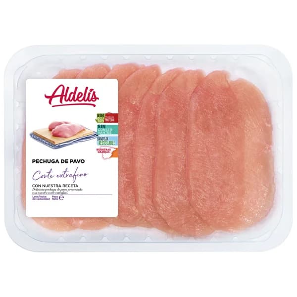 Bandeja con tierna y jugosa pechuga de pavo en filetes con corte extra fino ALDELÍS - 0.3 kg - Imagen del producto en Findit
