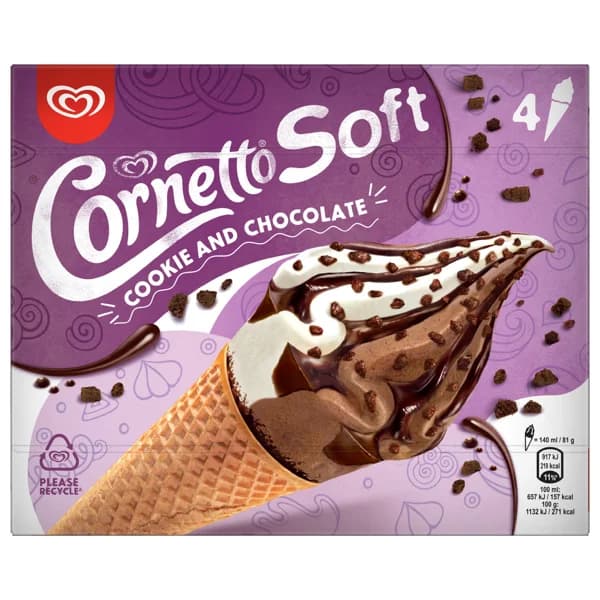 CORNETTO Cono de helado sabor galleta con trocitos de galleta al cacao, salsa y recubrimiento de chocolate 4 x 140 ml. - 0.56 l - Imagen del producto en Findit
