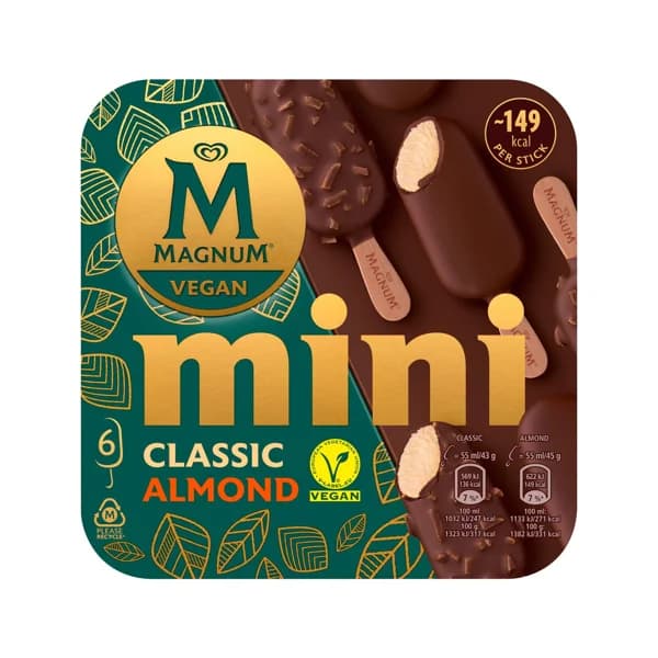 MAGNUM Mini bombón almendrado de helado vegetal de vainilla recubierto de chocolate vegan 6 x 55 ml. - 0.33 l - Imagen del producto en Findit