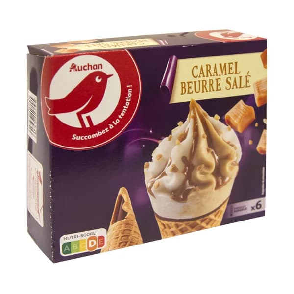 AUCHAN Conos de helado de vainilla con caramelo de mantequilla salada 6 x 120 ml. Producto Alcampo - 0.72 l - Imagen del producto en Findit