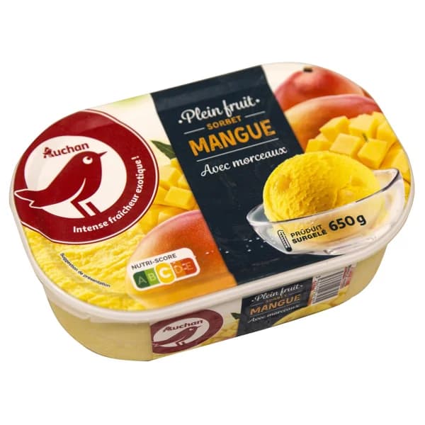 AUCHAN Tarrina de sorbete con mango y preparado de trozos de mango 1 l. Producto Alcampo - 1 l - Imagen del producto en Findit