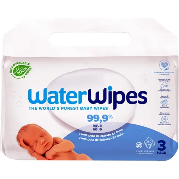 WATERWIPES Toallitas humedas para bebe con un 99.9% de agua y una gota de extracto de fruta 3 x 60 uds. - 1 ud - Imagen del producto en Findit