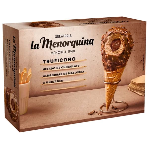 LA MENORQUINA Conos de helado de chocolate con nata, salsa de chocolate y cobertura de chocolate con leche recetas artesanales 4 x 130 ml. - 0.26 l - Imagen del producto en Findit