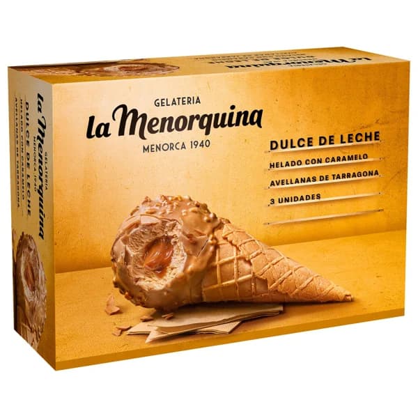 LA MENORQUINA Helado de caramelo con nata, con salsa y recubrimiento de dulce de leche y trocitos de avellana recetas artesanales 4 x 130 ml. - 0.26 l - Imagen del producto en Findit