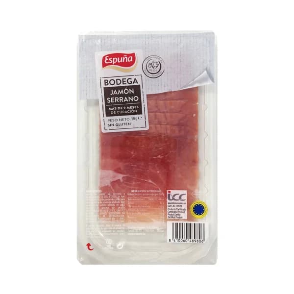 ESPUÑA Jamón serrano de bodega curado más de 9 meses, cortado en lonchas 50 g. - 0.05 kg - Imagen del producto en Findit
