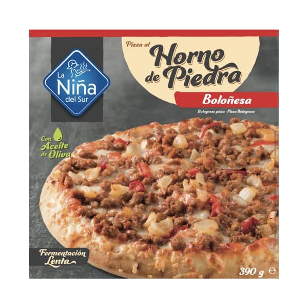 LA NIÑA DEL SUR Pizza Boloñesa (vacuno, salsa de tomate, Edam y Mozzarella) hecha al horno de piedra 390 g. - 0.39 kg - Imagen del producto en Findit