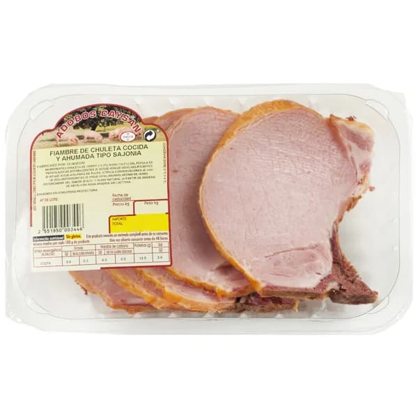 Bandeja con chuletas de fiambre de cerdo cocidas y ahumadas tipo Sajonia CAYSAN - 0.4 kg - Imagen del producto en Findit