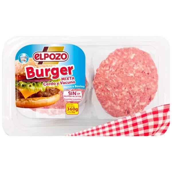 Bandeja con burger meat mixta (cerdo y vacuno) elaboradas sin gluten y sin lactosa EL POZO 4 x 90 g. - 0.36 kg - Imagen del producto en Findit