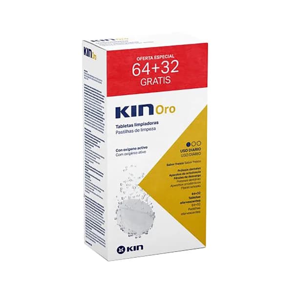 Limpiador de uso diario, con oxigeno activo, para prótesis totales y parciales KIN Oro 64 uds. - 1 ud - Imagen del producto en Findit