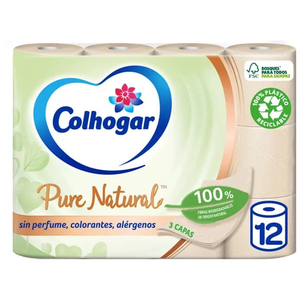 COLHOGAR Papel higiénico Pure Natural con fibras naturales 12 rollos - 1 ud - Imagen del producto en Findit