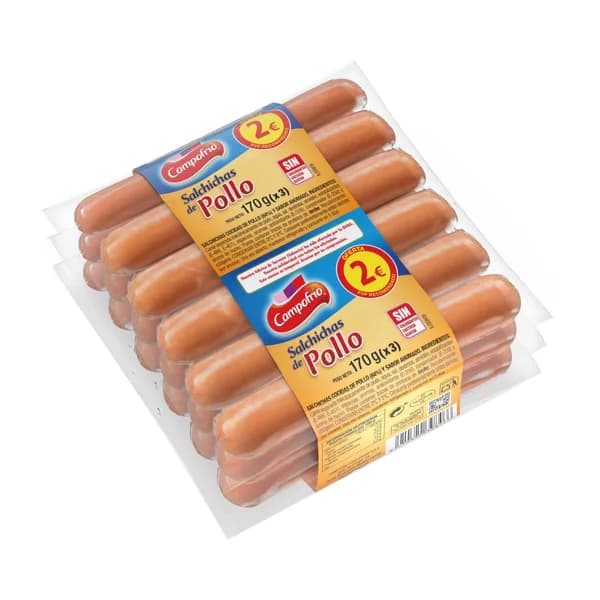 CAMPOFRIO Salchichas cocidas de pollo con sabor ahumado 3 x 170 g. - 0.51 kg - Imagen del producto en Findit