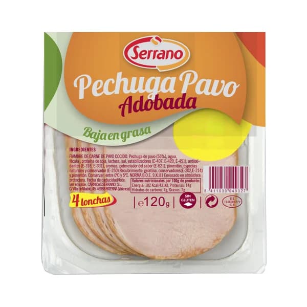 Fiambre de carne de pavo cocido y adobado, elaborado sin gluten, listo para sarten SERRANO 120 g. - 0.11 kg - Imagen del producto en Findit