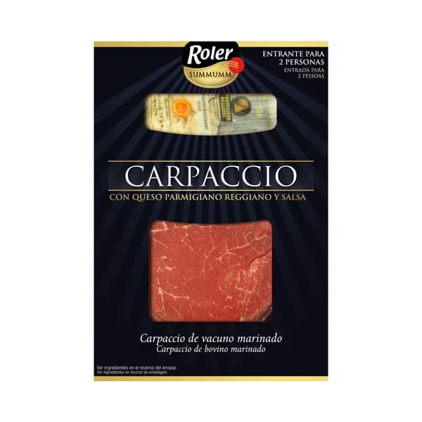 Carpaccio de vacuno marinado, con queso parmigiano reggiano y salsa ROLER Summumm 80 g. - 0.08 kg - Imagen del producto en Findit