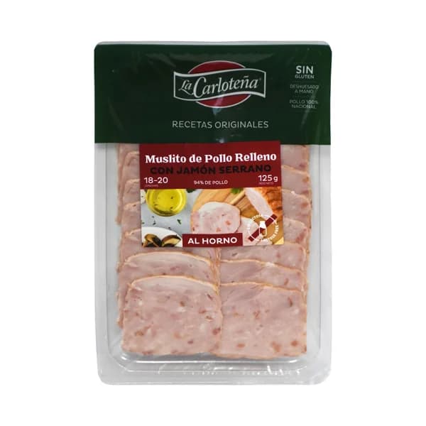 LA CARLOTEÑA Muslitos de pollo asado relleno con jamón serrano, cortado en lonchas LA CARLOTEÑA 125 g, - 0.13 kg - Imagen del producto en Findit