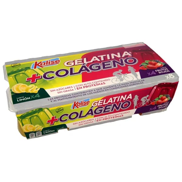 KALISE Gelatina con colageno y alto contenido en proteinas, de limón (4) y frutos rojos (4) KALISE 8 x 115 g. - 0.88 kg - Imagen del producto en Findit
