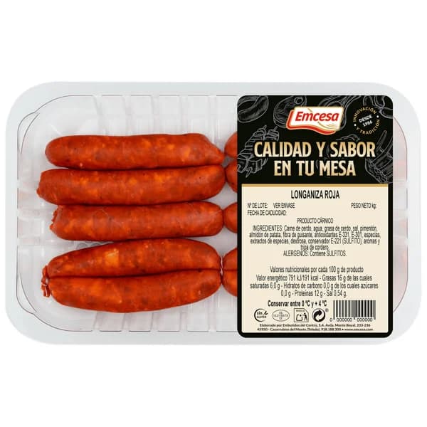 EMCESA Bandeja de longanizas frescas rojas elaboradas sin gluten - 1 ud - Imagen del producto en Findit