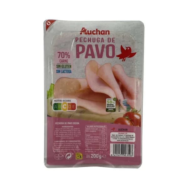 AUCHAN Pechuga cocida de pavo, sin gluten y sin lactosa y cortadas en lonchas 200 g. Producto Alcampo - 0.2 kg - Imagen del producto en Findit