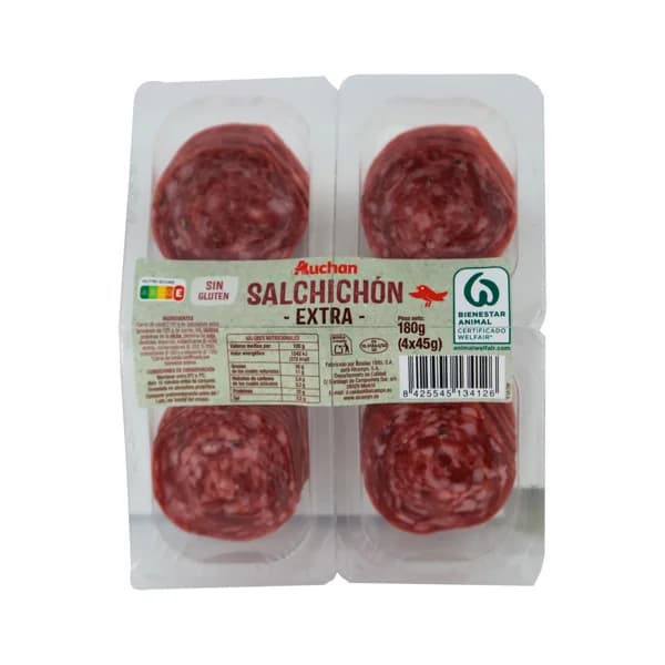 AUCHAN Salchichón extra, elaborado sin gluten y cortado en lonchas 4 x 45 g. Producto Alcampo - 0.18 kg - Imagen del producto en Findit