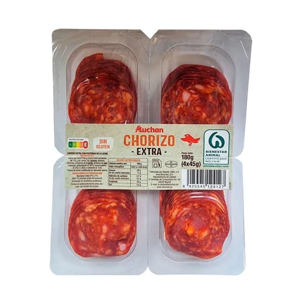 AUCHAN Chorizo extra, elaborado sin gluten y cortado en lonchas 4 x 45 g Producto Alcampo. - 0.18 kg - Imagen del producto en Findit