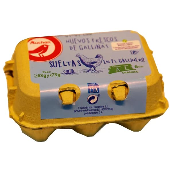 AUCHAN Huevos de gallinas sueltas en el gallinero clase L y cat. A 6 uds. Producto Alcampo - 1 ud - Imagen del producto en Findit
