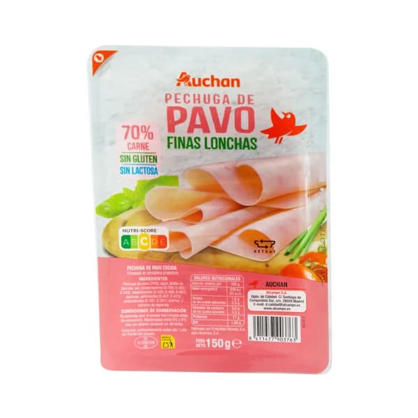 AUCHAN Pechuga de pavo (70% carne) cocida y cortada en finas lonchas 150 g. Producto Alcampo - 0.15 kg - Imagen del producto en Findit