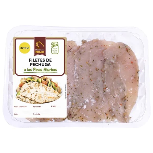Bandeja de filetes de pechuga de pollo marinados a las finas hierbas UVESA - 0.38 kg - Imagen del producto en Findit