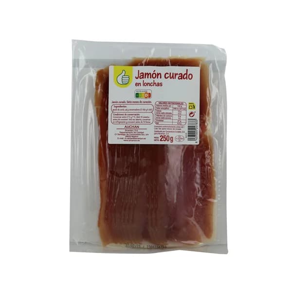 PRODUCTO ECONÓMICO ALCAMPO Jamón curado (7 meses de curación) cortado en lonchas PRODUCTO ECONÓMICO ALCAMPO 250 g. - 0.25 kg - Imagen del producto en Findit