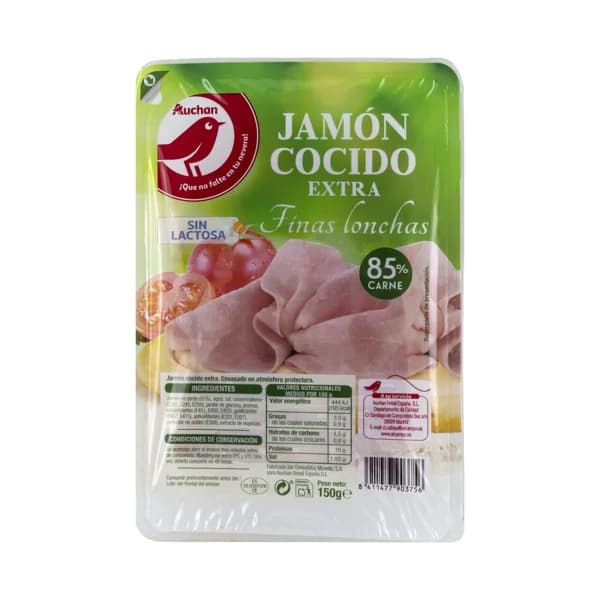 AUCHAN Jamón cocido de categoria extra, cortado en finas lonchas 150 g. Producto Alcampo - 0.15 kg - Imagen del producto en Findit