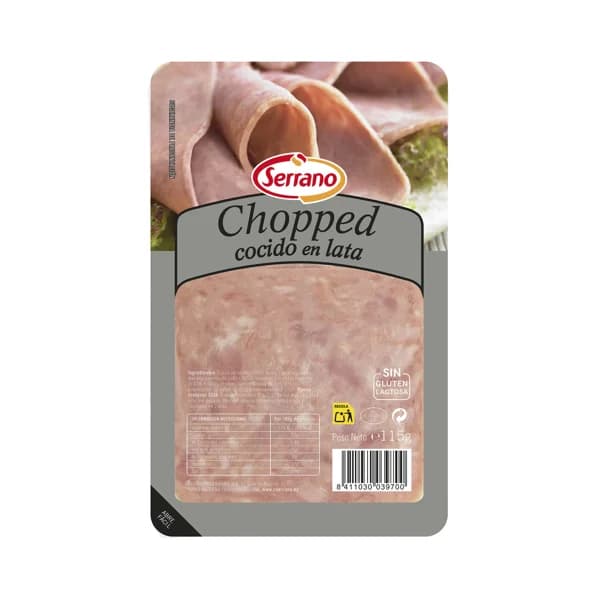 SERRANO Chopped cocido en lata, cortado en lonchas, elaborado sin gluten ni lactosa SERRANO 115 g. - 0.09 kg - Imagen del producto en Findit
