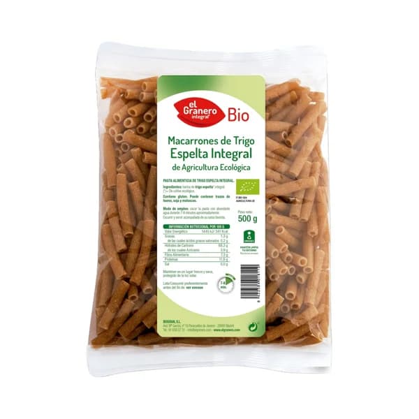EL GRANERO Integral Pasta macarrones de trigo (espelta integral ecológica) 500 g. - 0.5 kg - Imagen del producto en Findit