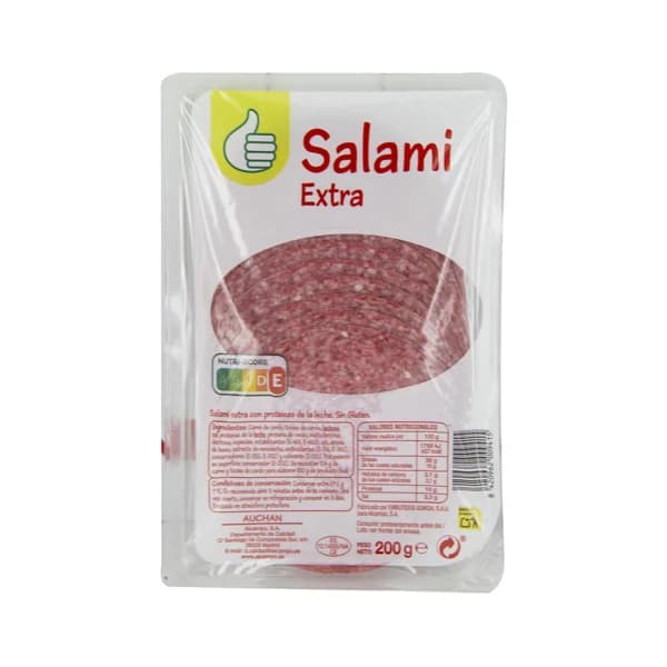 AUCHAN Salami extra sin gluten, cortado en lonchas 200 g. Producto Alcampo - 0.2 kg - Imagen del producto en Findit