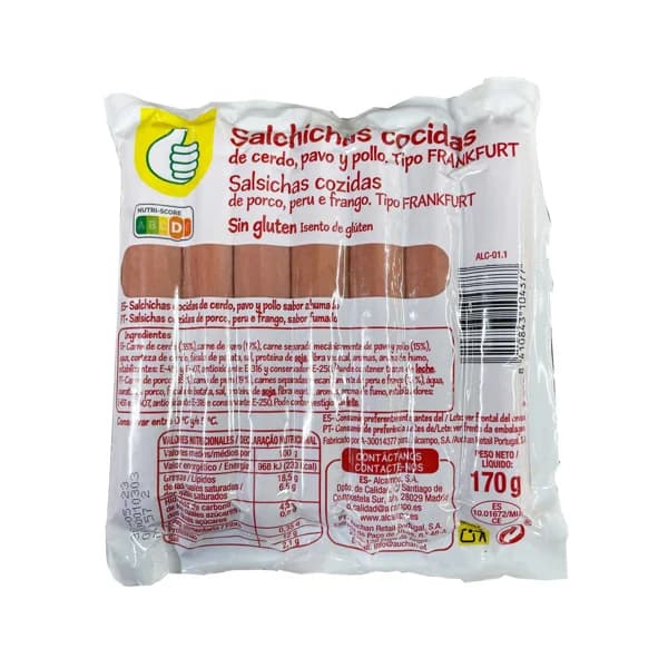 AUCHAN ECONÓMICO Salchichas cocida de pavo y cerdo tipo Frankfurt y sabor ahumado Producto Económico Alcampo 170 g. - 0.17 kg - Imagen del producto en Findit